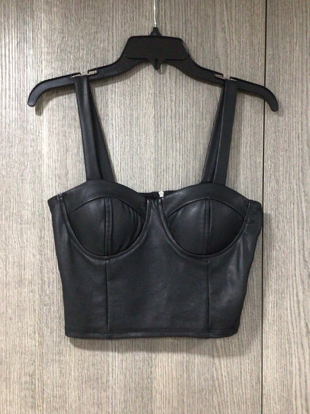Shinestar Black Faux Leather Bustier Crop Top with Structured Cups